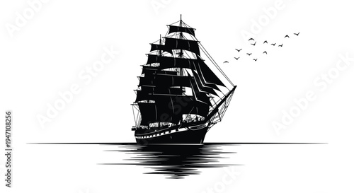 A striking black silhouette of a tall sailing ship with birds overhead on water