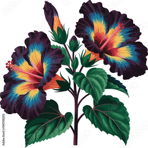 Vibrant hibiscus flower botanical illustration, colorful tropical bloom with rainbow petals and green leaves, exotic floral plant isolated white