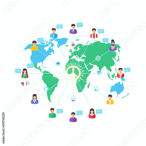 Global communication network connecting diverse people across the world with a peace symbol at the center