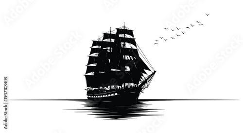 A striking black and white illustration of a tall sailing ship with flying birds