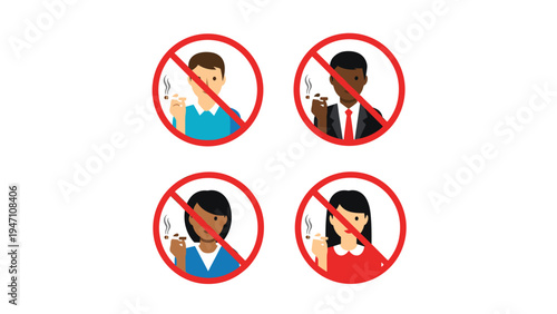 Prohibition signs showing different diverse people smoking cigarettes with a red strike through circle on white background.