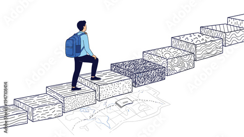 Student with backpack walking up stone stairs with various textures over a world map representing education and travel journey.