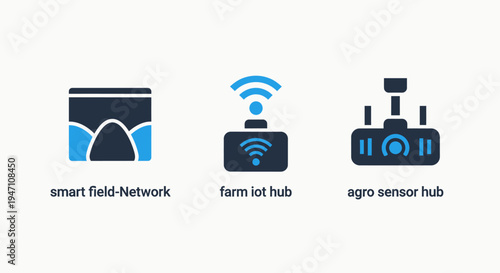 Icons for smart field network, farm iot hub, and agro sensor hub