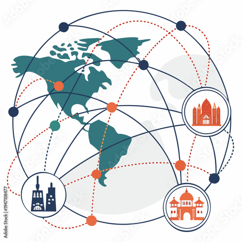 World map with global connectivity lines and landmark icons, international trade, graphic represents global trade, travel, and cultural exchange, travel destination