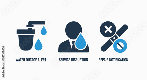 Service disruption icons: water outage, service alert, repair notification