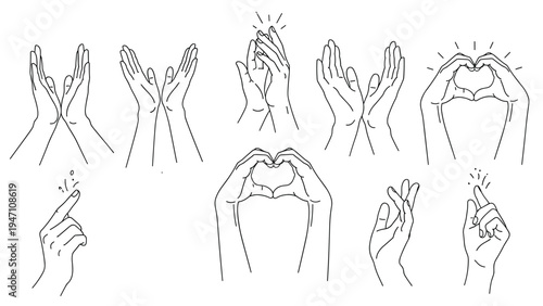 Line art sketches of human hands showing various gestures such as clapping praying forming a heart and snapping fingers.