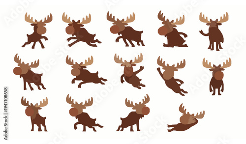 Bull moose cartoon character set flat vector elk wildlife animals with big antlers isolated on white