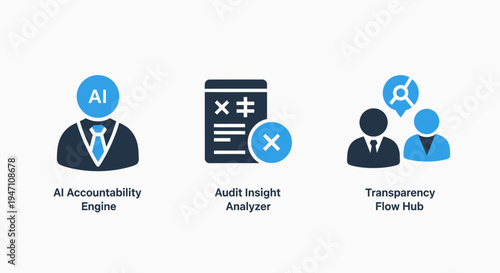 Business icons: AI accountability engine, audit insight analyzer, and transparency flow hub