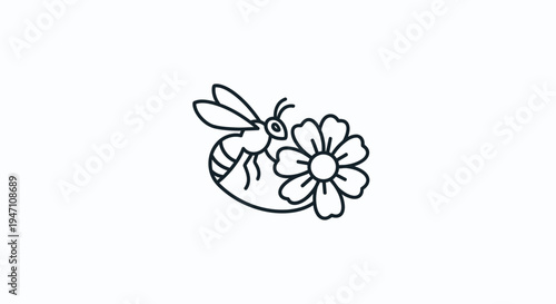 Bee Resting on a Blooming Flower Outline on Isolated White Background