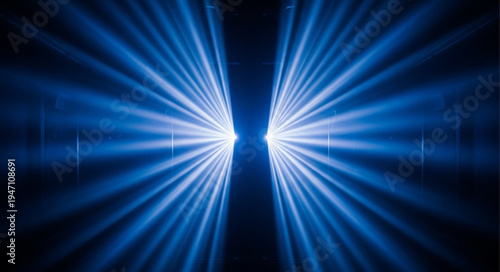 Bright Blue Laser Beams Radiating Outward in Darkness.