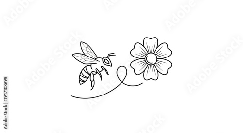 Flying Bee Approaching Flower Icon with Pollination Theme on Isolated White Background