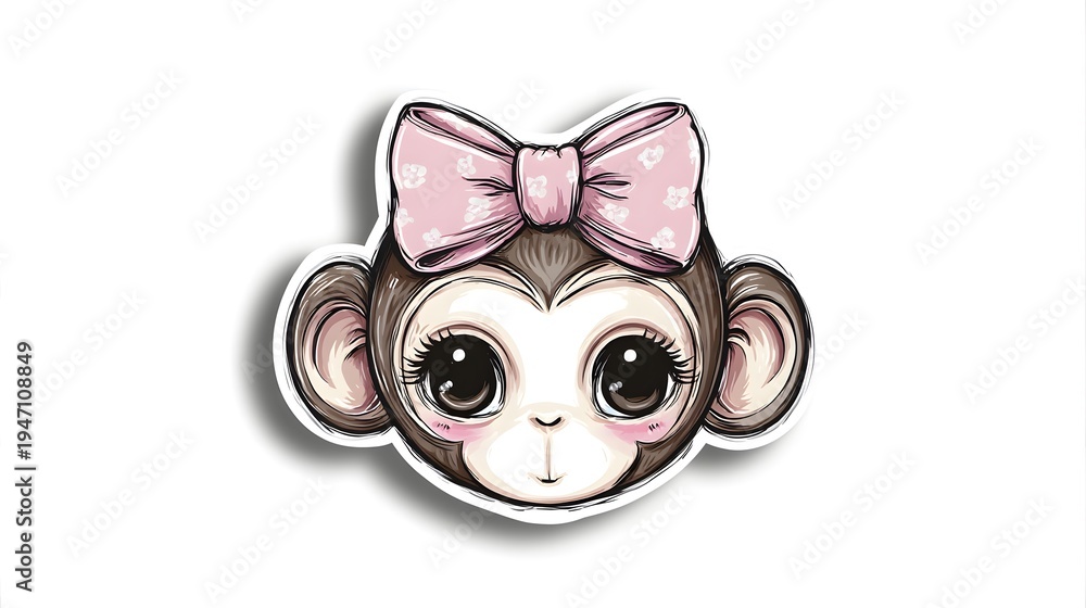Fototapeta premium Cute Baby Monkey Face with Pink Bow Illustration.