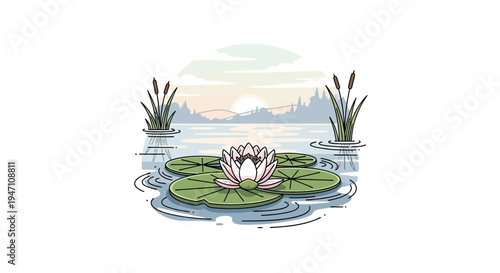 Peaceful lotus flower on lily pads in a serene pond with reeds and a beautiful sunset landscape, in bright studio.