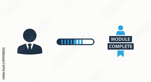 Progress icons: user status, loading bar, and module completion for task tracking, process advancement, and achievement