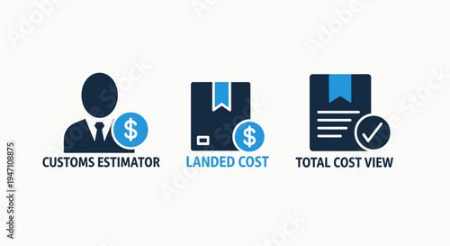 Finance icons: customs estimator, landed cost, and total cost view for shipping, import, and expense tracking