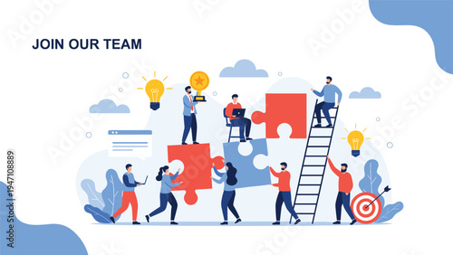Business teamwork concept with people building a puzzle together including trophy and light bulb for join our team.