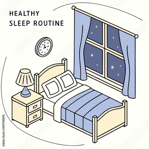 Healthy sleep routine isometric bedroom interior design with starry night window with healthy lifestyle with good sleep with sleep aid
