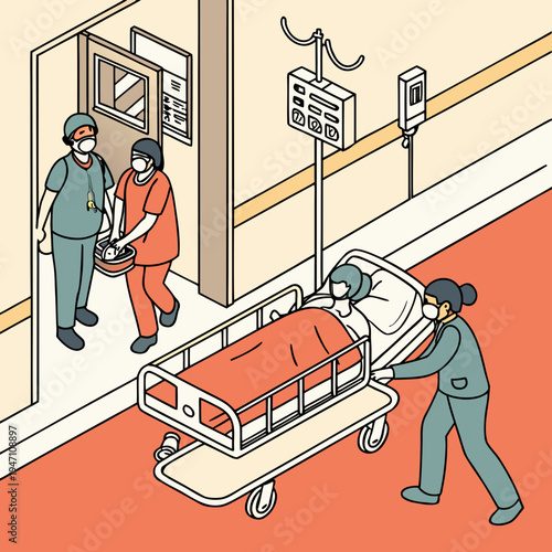 Hospital patient transport by medical staff isometric illustration with gurney and doctors with iv stand with patient care with medical team