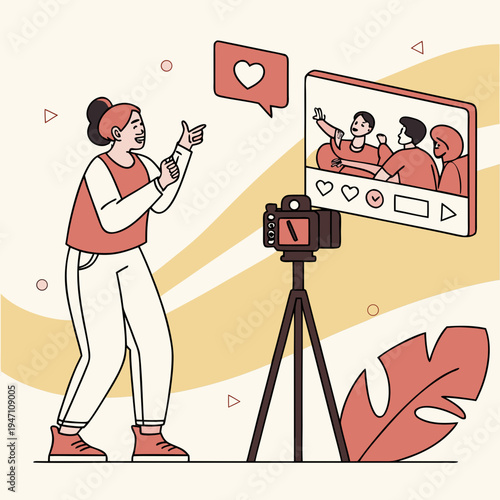 Female vlogger presenting online content to audience on camera, social media influencer recording live stream for digital platform illustration, video camera