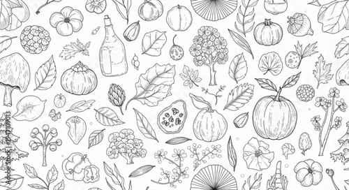 Hand Drawn Sketch Collection of Various Fruits and Vegetables.