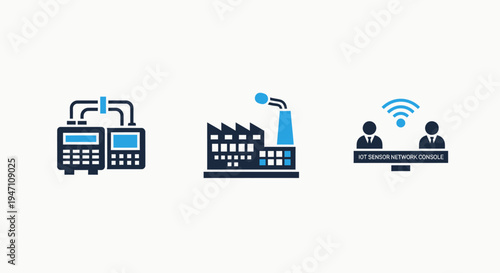 Factory and network icons: industrial facility, remote control, connectivity