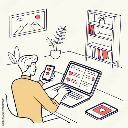 Man using laptop and smartphone for social networking and online dating, digital communication and media consumption at home illustration, man desk, laptop computer