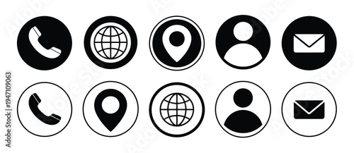 Black and White Contact Icons – Business Card Interface Vector Set