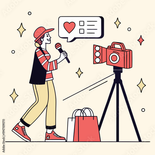Female vlogger recording shopping haul with microphone, social media influencer reviewing products for online audience illustration, video camera, camera tripod