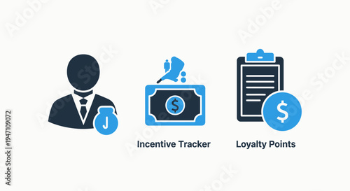 Incentive tracker and loyalty points icons for business rewards programs