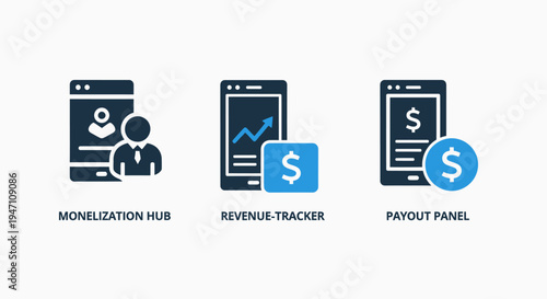 Monetization hub, revenue tracker, and payout panel icons for digital business