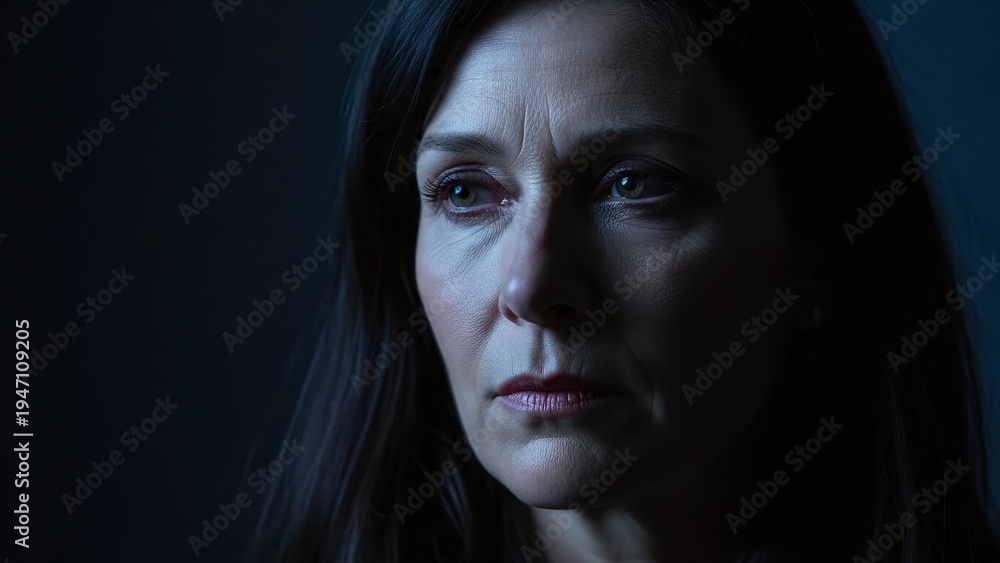 Fototapeta premium Woman with Sad Expression in Darkness.