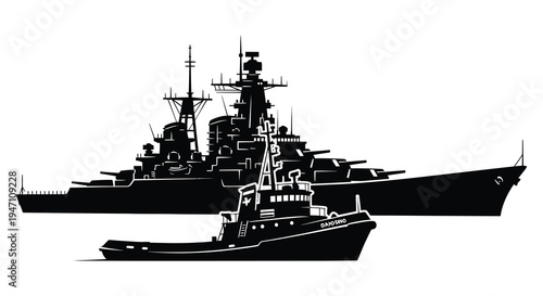 Detailed silhouette of a large battleship with a tugboat escorting it