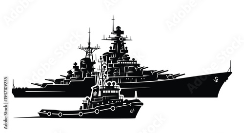 Black and white silhouette of a large battleship with a tugboat escorting it