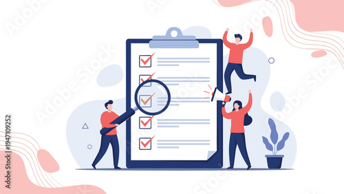 Group of people celebrating completed tasks on a giant checklist with one person using a magnifying glass to check details.