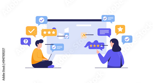 Customer Feedback and Online Review System Illustration. Users Evaluating Service Quality and Providing Star Ratings on a Web Interface.
