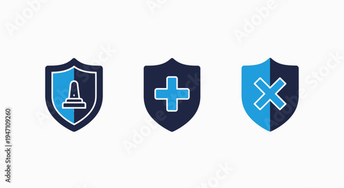 Shield icons representing security, health and safety in protection concepts