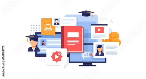 Online Education E-Learning Concept. Digital University platform with students, video lessons, and virtual classroom curriculum structure.