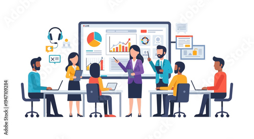 Corporate Business Presentation and Training Workshop. Team Meeting analyzing Data Charts, Graphs, and Market Strategy on a Live Screen.