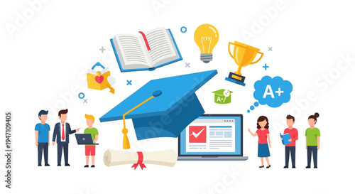 Higher Education Success Flat Vector. E-learning platform, graduation cap, diploma, academic achievement, students, and mentorship diagram.