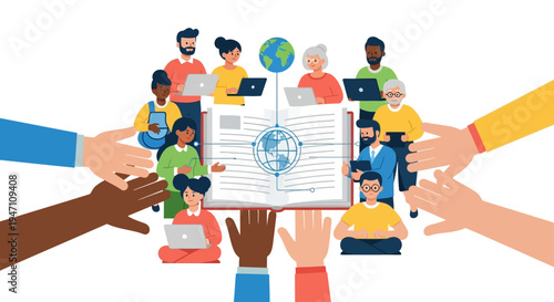 Global Education Collaboration and Diversity. Group of diverse students and learners holding an open book connected by a worldwide network.