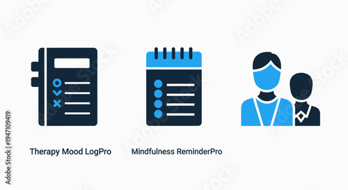 Wellness icons: therapy log, mindfulness reminder, people. blue and dark blue graphic elements for health apps, clean background