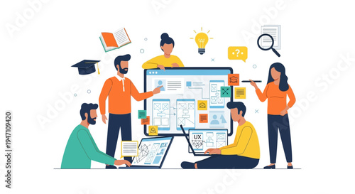 Team Collaboration on UX Design and Strategy. Group of diverse developers working on a software development workflow, digital product planning, and e-learning concepts.