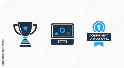 Achievement icons: trophy, laptop, award ribbon. blue and dark blue graphic elements for success and recognition, clean background