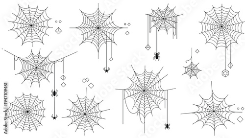 Detailed drawings of various spider webs with small spiders and geometric symbols on a white background for halloween decor.