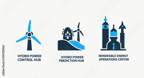 Icons for renewable energy: hydro power control hub, prediction hub, operations center. clean energy concept, wind turbine, smart grid