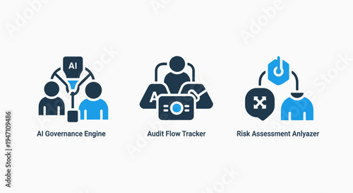 Icons for AI, audit, and risk: AI governance engine, audit flow tracker, risk assessment analyzer. business technology symbols, artificial intelligence, machine learning