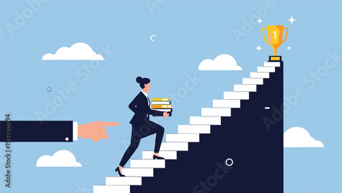 Businesswoman carrying books while climbing stairs towards a trophy achievement success guided by a large hand.