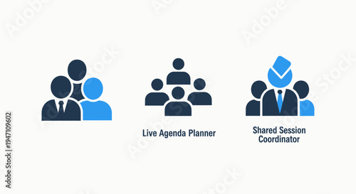 Teamwork icons: group, live agenda planner, shared session coordinator. collaboration and meeting icons
