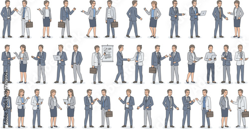 Diverse set of professional business people characters in office attire standing and walking for corporate workplace teamwork communication and modern career lifestyle design projects.