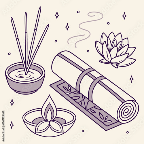 Spiritual sanctuary elements: incense bowl, yoga mat, lotus, and oil lamp in calming purple line art for meditation and rituals, incense sticks, lotus flower